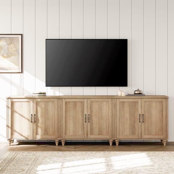 TV Stand For 100 Inch TV Inch TV, 3-In-1 TV Console Table For 75/80/85/90 Inch TV, Entertainment Center With 6 Wood Doors, Oak