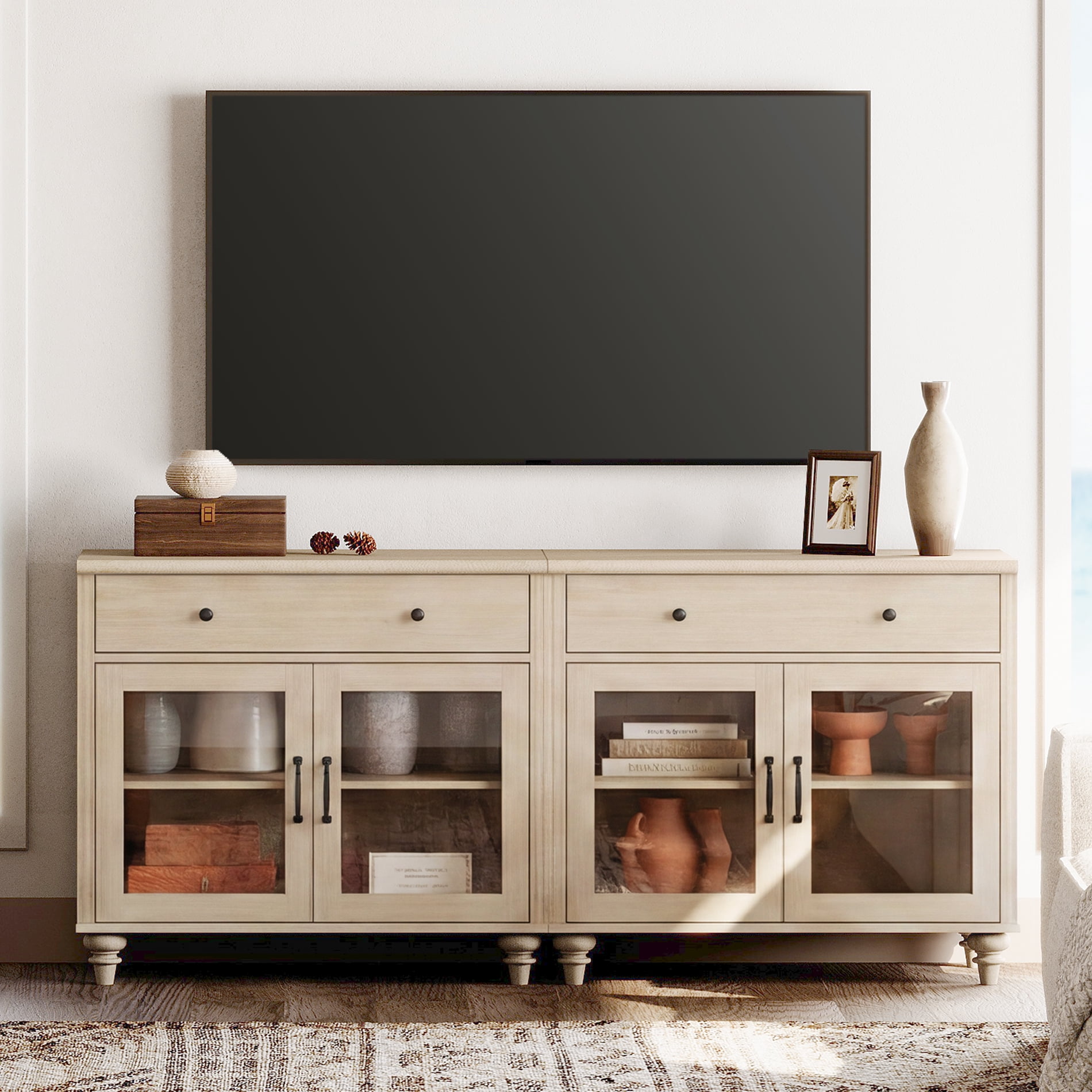 TV Stand For 75 Inch TV Inch TV, 2-In-1 TV Console Table For 43/50/60/75 Inch TV, Entertainment Center With 2 Drawers And 6 Doors, Beige