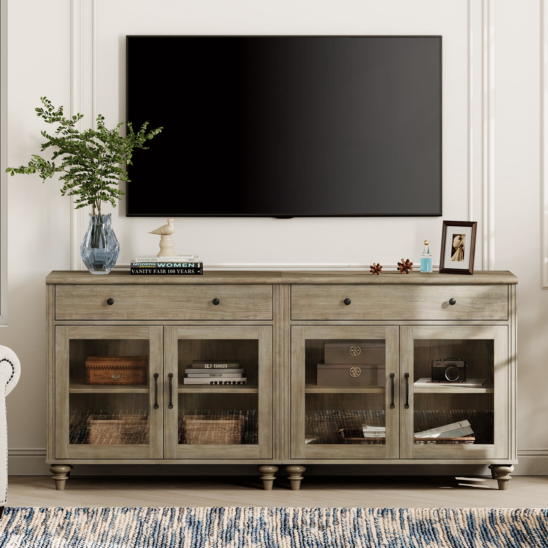 TV Stand For 75 Inch TV Inch TV, 2-In-1 TV Console Table For 43/50/60/75 Inch TV, Entertainment Center With 2 Drawers And 6 Doors, Wash Grey