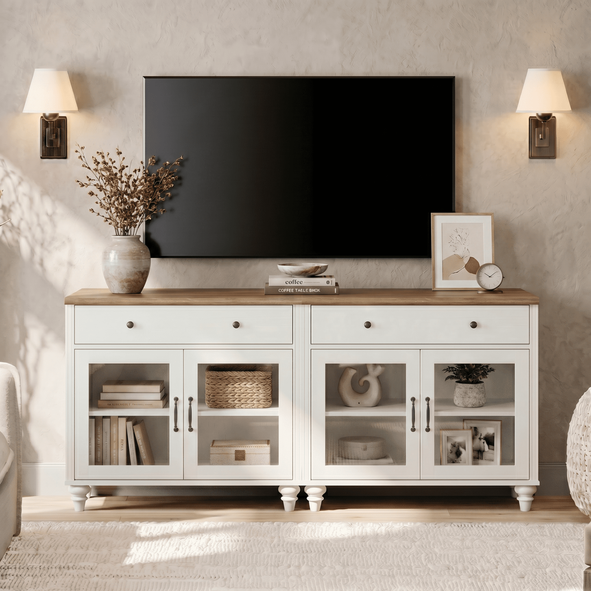 TV Stand For 75 Inch TV Inch TV, 2-In-1 TV Console Table For 43/50/60/75 Inch TV, Entertainment Center With 2 Drawers And 6 Doors, White