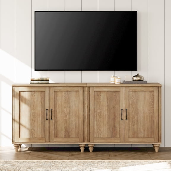 TV Stand For 75 Inch TV Inch TV, 2-In-1 TV Console Table For 43/50/60/75 Inch TV, Entertainment Center With 2 Wood Doors, Oak