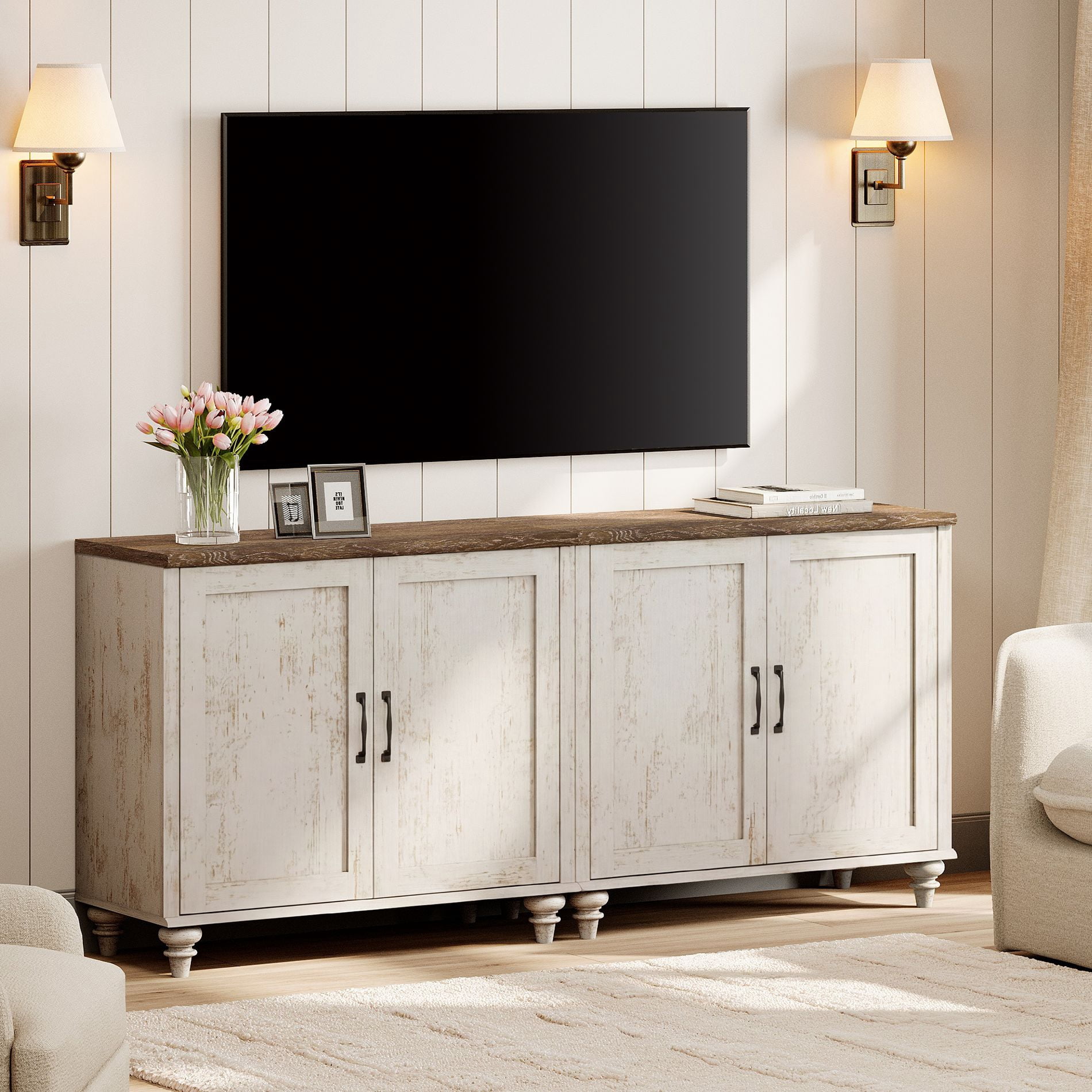 TV Stand For 75 Inch TV Inch TV, 2-In-1 TV Console Table For 43/50/60/75 Inch TV, Entertainment Center With 2 Wood Doors, Rustic White