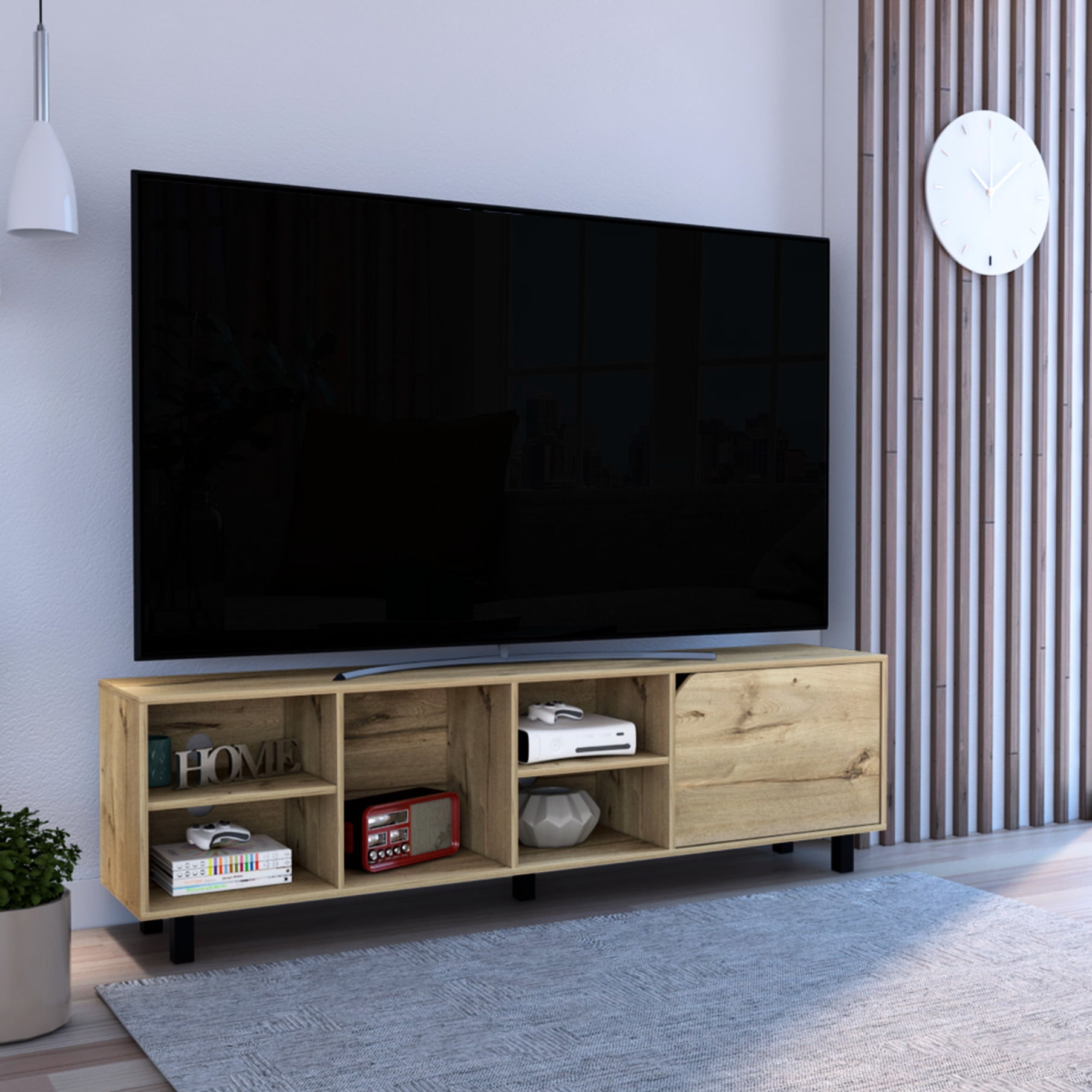 TV Stand / Four open compartments, light oak color / Adds a warm touch ...