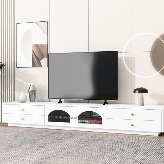 TV Stand | Functional in Entertainment Zones, Hidden Drawer Storage | Particle Board and Fluted Glass Build | Organizes Home Electronics