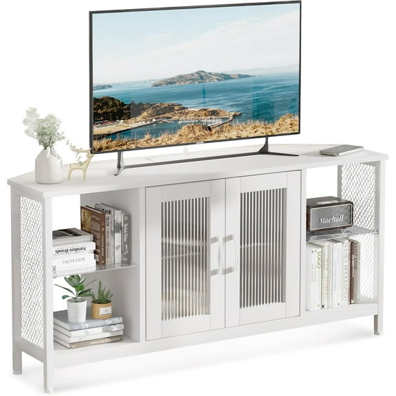 TV Stand with Glass Storage Cabinets and Power Outlet, White TV Stand for 32/45/55 inch TVs, Entertainment Center with LED Light for Living Room, 46inch Small Tv Stand for Bedroom