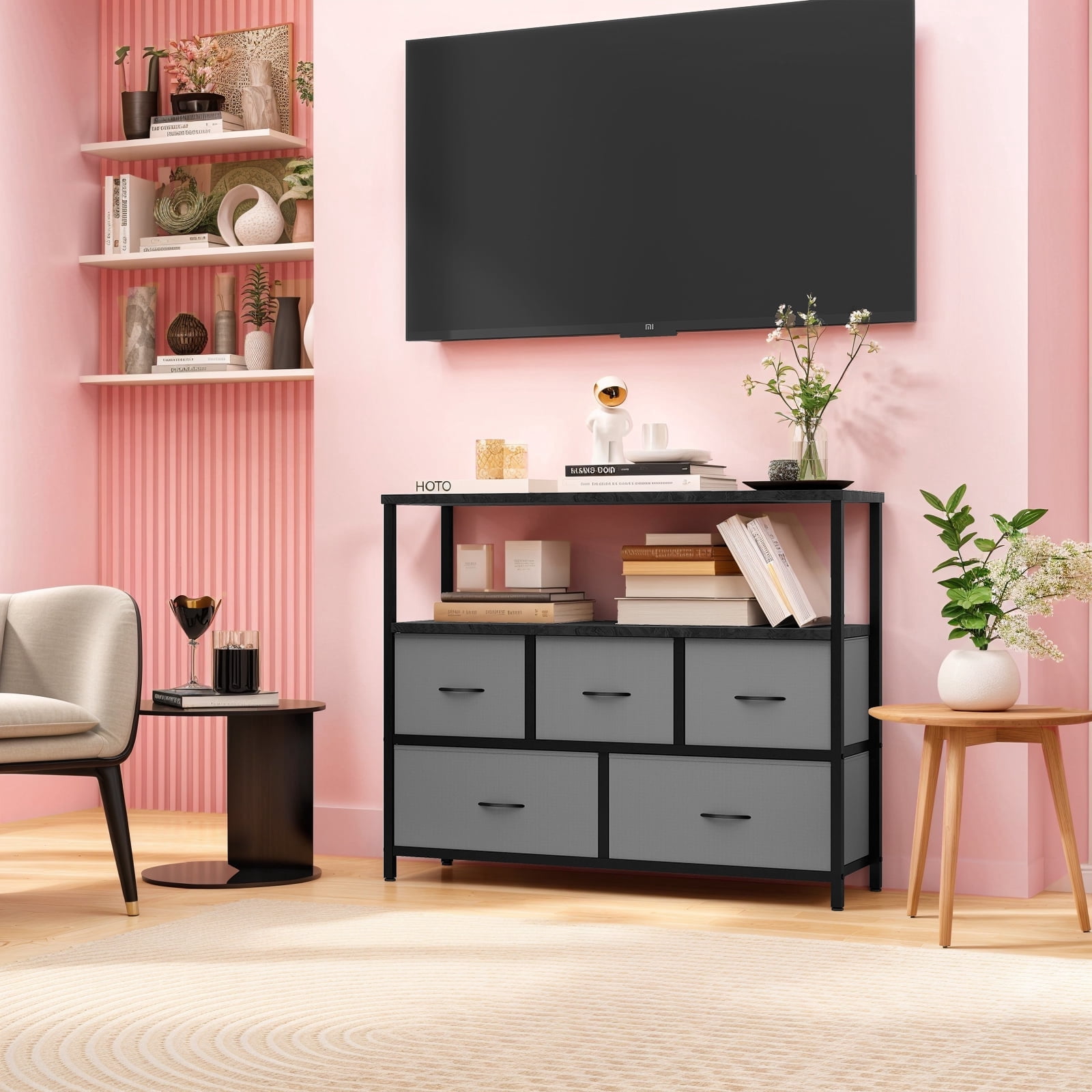 TV Stand, Gray Dresser TV Stand for Bedroom, Entertainment Center for 45 Inch TV with Drawers, Fabric, Adjustable Feet, Living Room