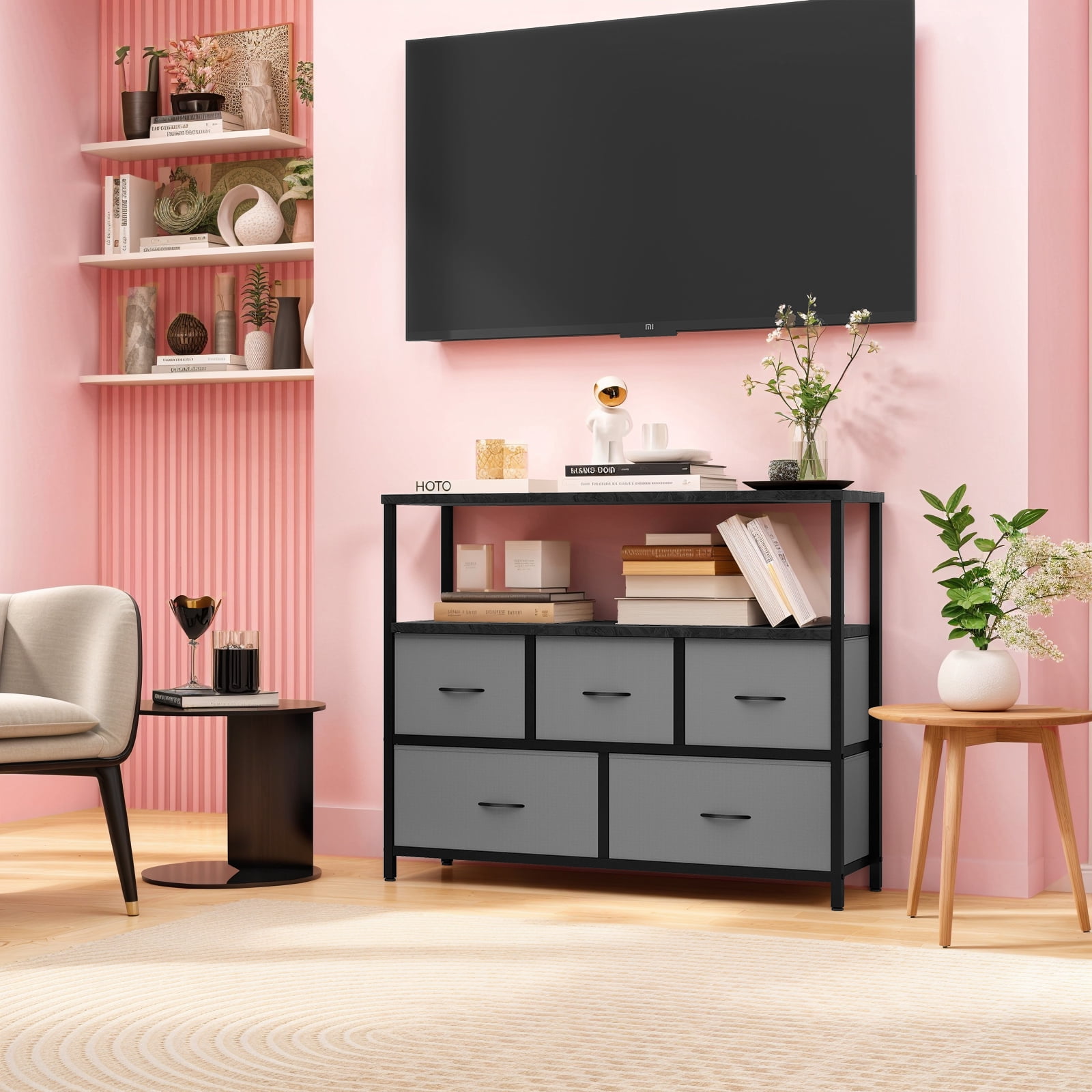 TV Stand, Gray Dresser TV Stand for Bedroom, Entertainment Center for 45 Inch TV with Drawers, Fabric, Adjustable Feet, Living Room