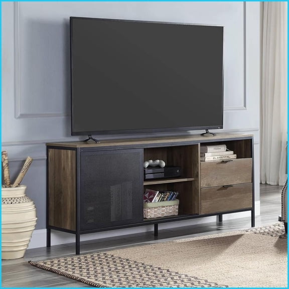 TV Stand, Industrial Rustic Oak & Black with 2 Drawers & Sliding Door | MDF+Metal | Fits 60-Inch TV