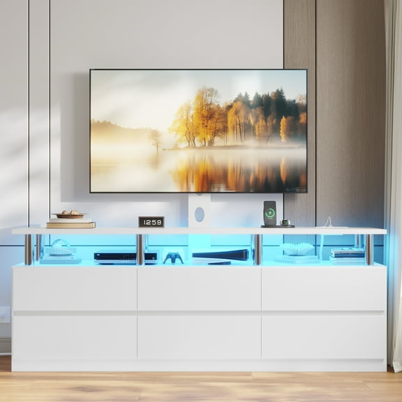 TV Stand with LED Light and Charging Station, TV Mount for 32/45/55/60/65/70/75 inch TVs, Modern LED TV Stand with 6 Drawers,White Entertainment Center for Living Room,Bedroom,White