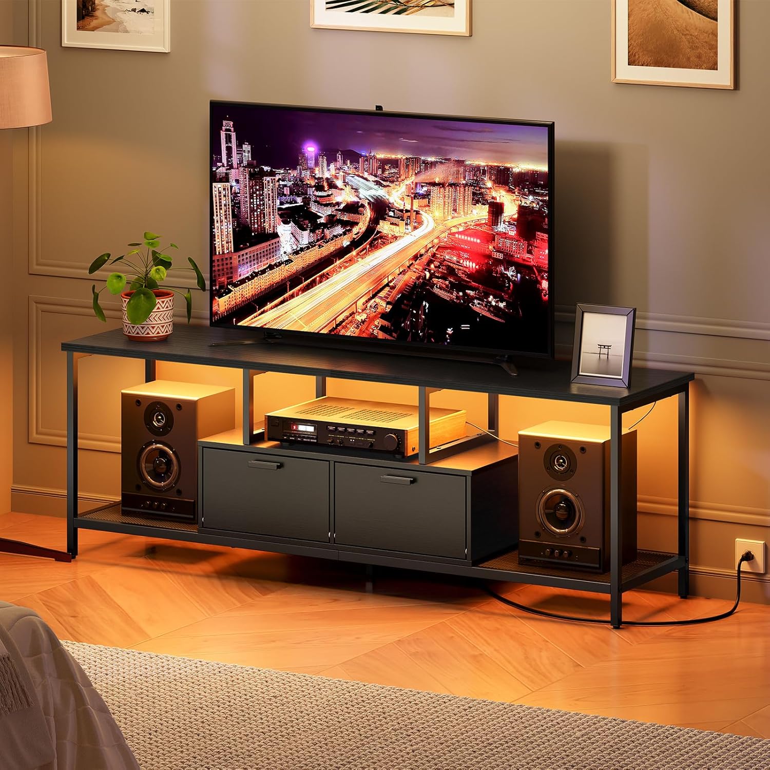 TV Stand with LED Light and Power Outlets for TVs up to 65 Inch, TV