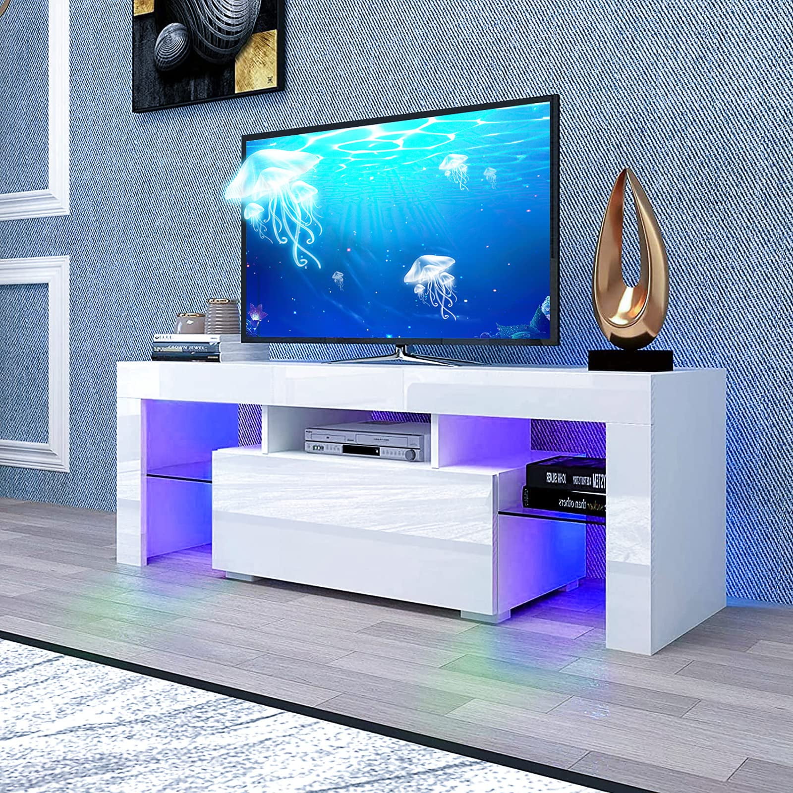 TV Stand with LED Lights up to 55 inch TV, Modern Entertainment Center, High Gloss Television