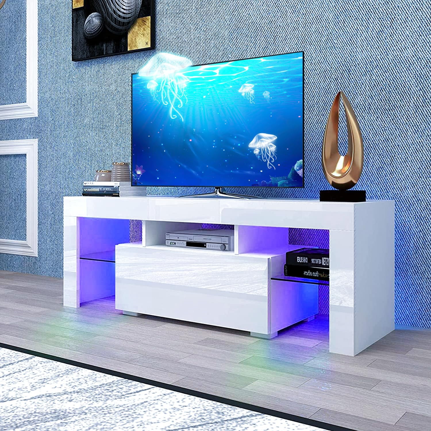 TV Stand with LED Lights up to 55 inch TV, Modern Gaming Entertainment Center, High Gloss