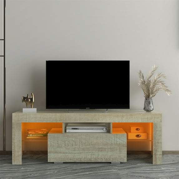 TV Stand with LED Lights for 55 inch TV, Modern Wood High Gloss Entertainment Center Media Console Table with Drawer and 3 Open Storage Shelves, 51.2'' TV Cabinet for Living Room Bedroom, Espresso