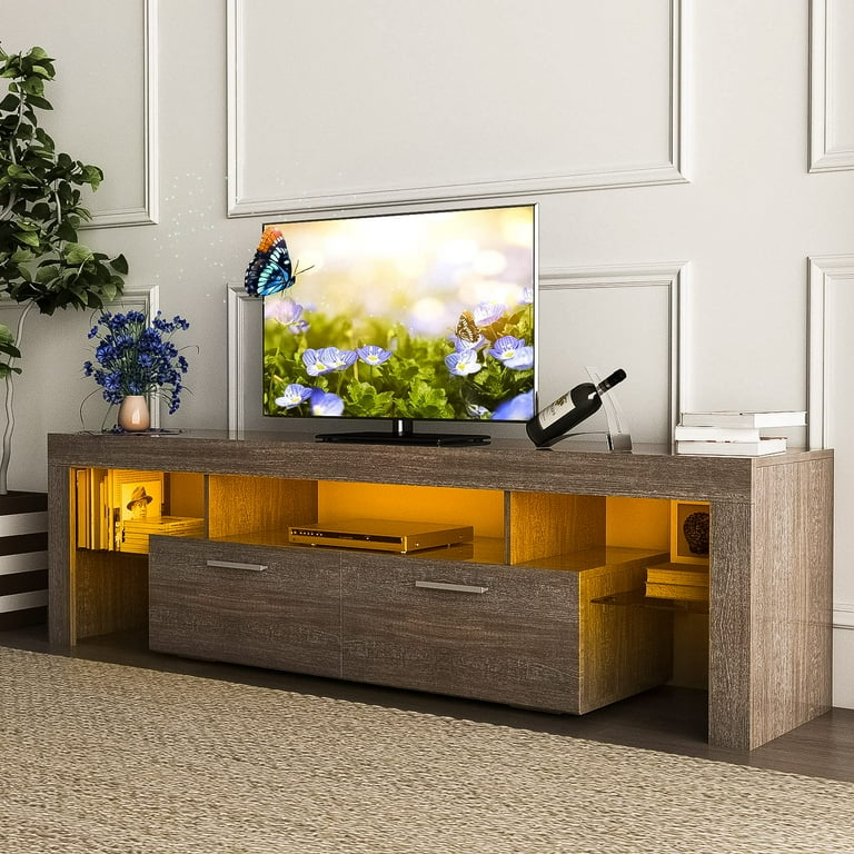 TV Stand with LED Lights for 70 Inch TV Gaming Entertainment Center with Storage Cabinet Game Console TV Cabinet Entertainment Stand with Glass Shelves for Living Room Bedroom Walnut Walmart
