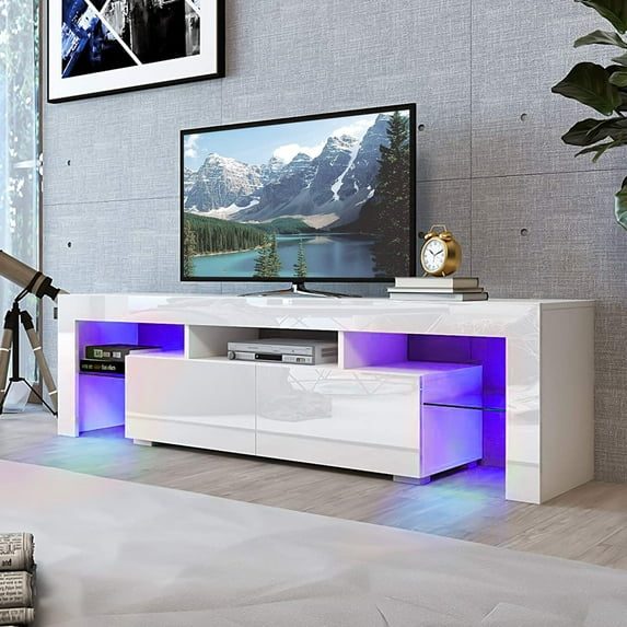 TV Stand with LED Lights up to 75 inch TV, Smart Modern TV Cabinet for Living Room Purple Color LED, High Gloss TV Cabinet with Storage Shelves & 2 Drawers, White