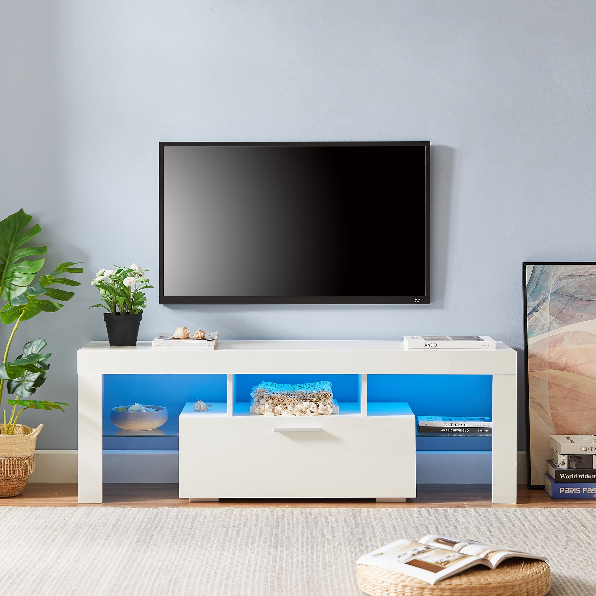 TV Stand with LED Lights BTMWAY High Gloss Television Stand Entertainment Center Modern TV Console Table with Storage Drawers and Media Shelves