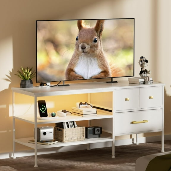 TV Stand with LED Lights & Power Outlet for 55 Inch TVs, Entertainment Center with 3 Storage Drawers and Shelves, TV Stands for Living Room and Bedroom, 50" TV Console, White