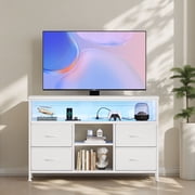 TV Stand with LED Lights and Power Outlet, Entertainment Center for 45 inch TV, 4 Drawer Fabric Dresser with Charging Station, Modern Gaming Console Table for Bedroom & Living Room, White