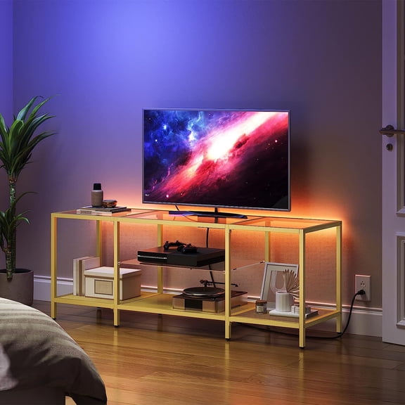 TV Stand with LED Lights and Power Outlets for TVs to 65, Modern 55 Inch Tempered Glass TV Console Table with Open Shelves, Media Entertainment Center for Living Room, Gold GD145UDS01