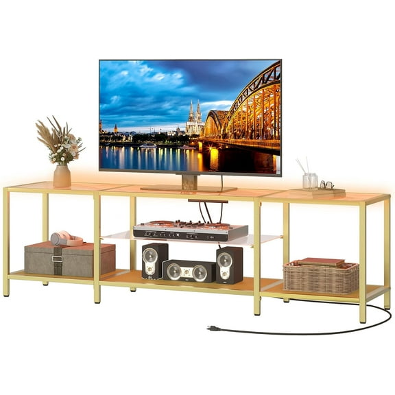 TV Stand with LED Lights and Power Outlets for TVs up to 75", Modern 70.9 Inch Tempered Glass TV Console Table with Open Shelves, Media Entertainment Center for Living Room
