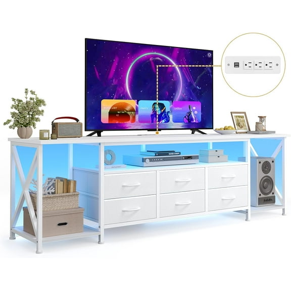 TV Stand with LED Lights & Power Outlets, for TVs up to 85 Inches, 6 Fabric Drawers Entertainment Center with Open Storage Shelves, 71" TV Media Console Table for Living Room, Bedroom, White