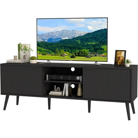 TV Stand for Living Room to 55/60/65/70 Inches, Mid Century Modern TV Consoles with Power Outlet, Entertainment Center with Door Cabinets and Open Shelves for Living Room, Bedroom, Walnut