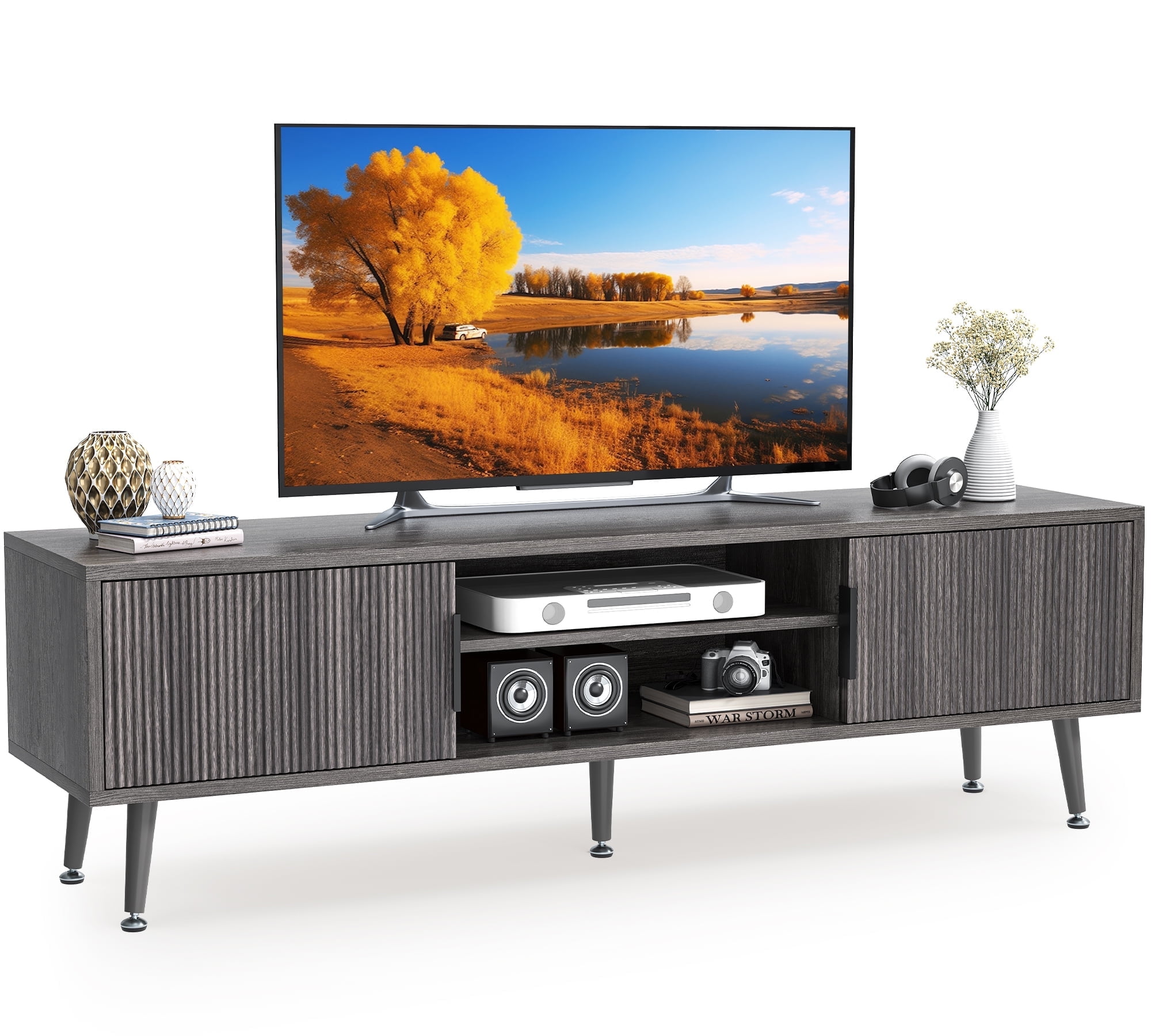 TV Stand for Living Room, Mid Century Modern Entertainment Center for 55/60/65/70 inch TVs, TV Console with Fluted Door Cabinets and Open Shelves, for Bedroom, Living Room, Gray