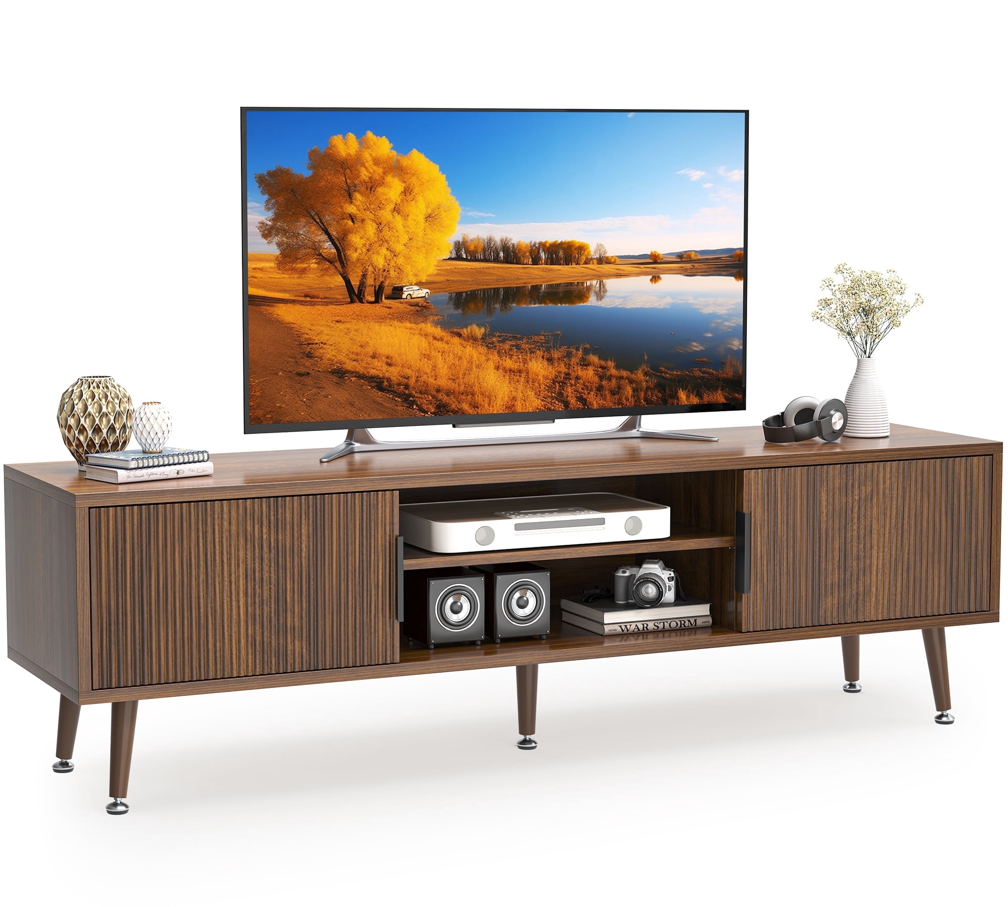 TV Stand for Living Room, Mid Century Modern Entertainment Center for 55/60/65/70 inch TVs, TV Console with Fluted Door Cabinets and Open Shelves, for Bedroom, Living Room, Walnut