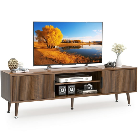TV Stand for Living Room, Mid Century Modern Entertainment Center for 55/60/65/70 inch TVs, TV Console with Fluted Door Cabinets and Open Shelves, for Bedroom, Living Room, Walnut