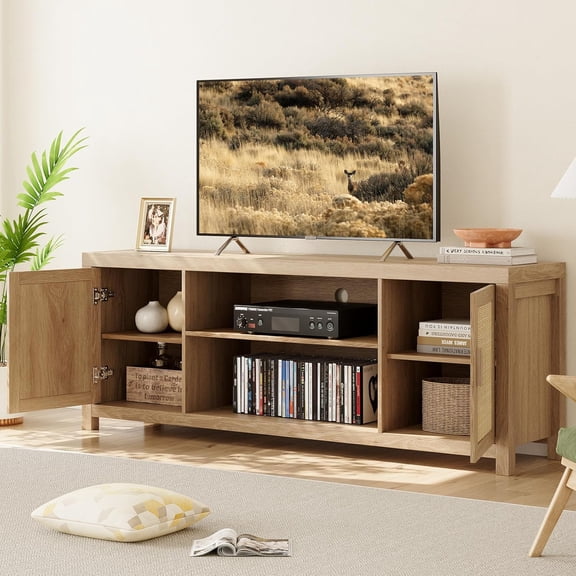TV Stand for Living Room, Rattan TV Console Cabinet with Storage and Shelf, Boho Entertainment Center, for 65, 75 Inch TV, 25" Tall Television Stands, Oak