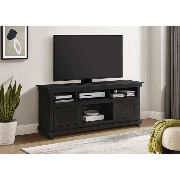 TV Stand Media Console, Distressed Java Dark Brown Wood, Farmhouse Style with Shuttered Doors and 6 Storage Compartments, Fits TVs up to 65 Inches, 60"W x 27"H x 16.25"D for Living Room