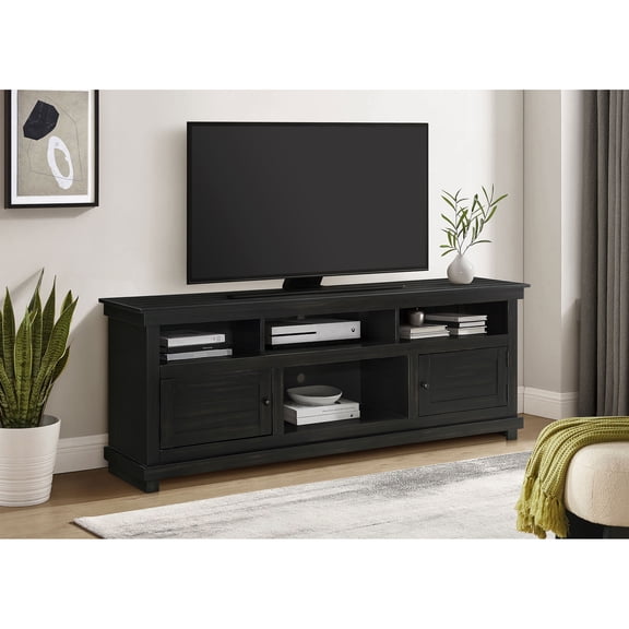 TV Stand Media Console, Pine Wood Farmhouse Entertainment Center with 6 Storage Compartments, Distressed Java Brown Finish, 70" W x 27" H x 16.25" D for Living Room, Fits up to 72" TV