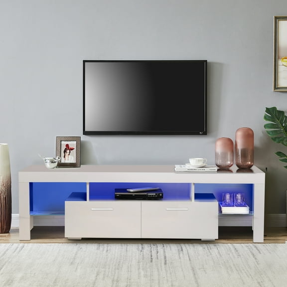 TV Stand, Media Console TV Cabinet Table W/ 16 Colors LED Lights, for TVs up to 70 inch, Media Console Entertainment Center for Living Room, Modern TV Stand with 2 Drawers & Open Shelves, White, D3597