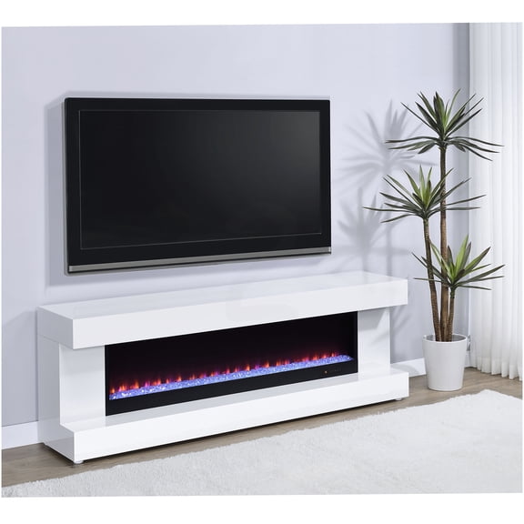 TV Stand Media Console with Integrated Flame Display and Built-In Bluetooth Speaker, Gloss White Engineered Wood, 71 Inch Wide