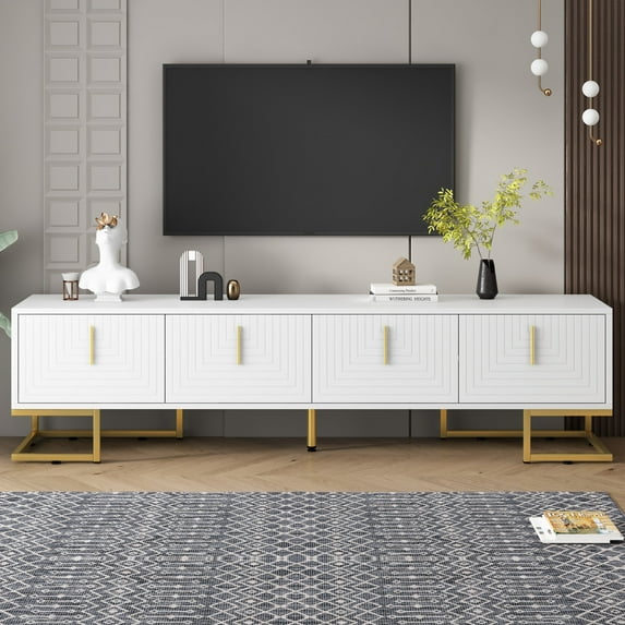 TV Stand with Metal Legs and Gold Handles for TVs Up to 80'',Media Console Table with Cabinets and Adjustable Shelves,Luxury TV Cabinet with Geometric Lines for Living Room,White