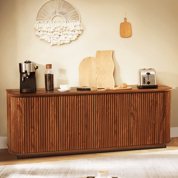 UZUGUL 4-Door Fluted TV Stand, Walnut, Handle-less Design, Wave Groove Panel, Adjustable Shelf