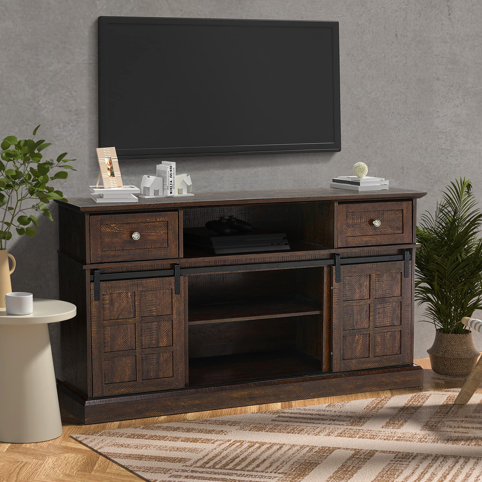 TV Stand, Modern Farmhouse Entertainment Center with Sliding Barn Doors