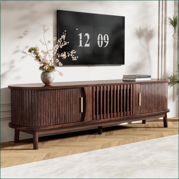 TV Stand for 75 TVs, Modern Farmhouse Entertainment Center with Storage | Solid Wood+MDF | Dark Brown