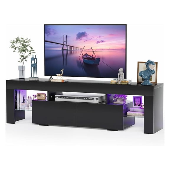 TV Stand, Modern Lighting TV Cabinet Entertainment Center Media and Open Shelf, TV Console Table with 1 Drawer and Control, 20 Color up to 70 Inch TV (Black)