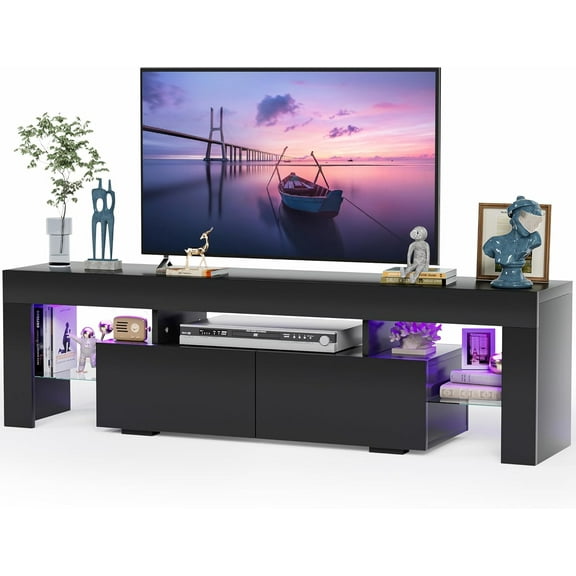 TV Stand, Modern Lighting TV Cabinet Entertainment Center Media and Open Shelf, TV Console Table with 1 Drawer and Remote Control, 20 Color LED Lights up to 70 Inch TV (Black)