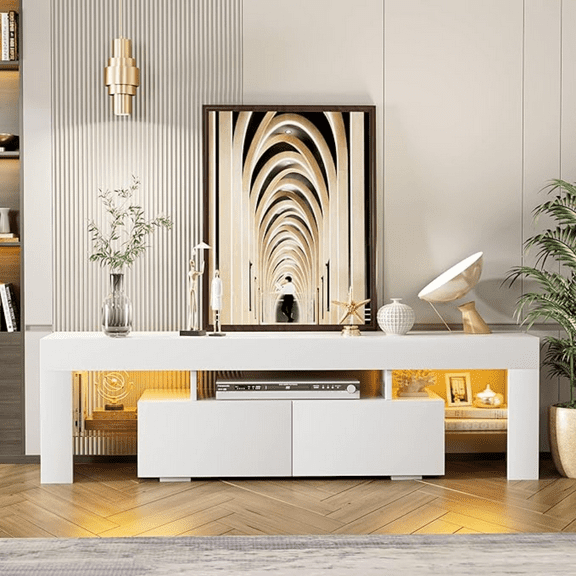 TV Stand, Modern Lighting TV Cabinet Entertainment Center Media and Open Shelf, TV Console Table with 1 Drawer and Remote Control, 20 Color LED Lights up to 70 Inch TV (White)