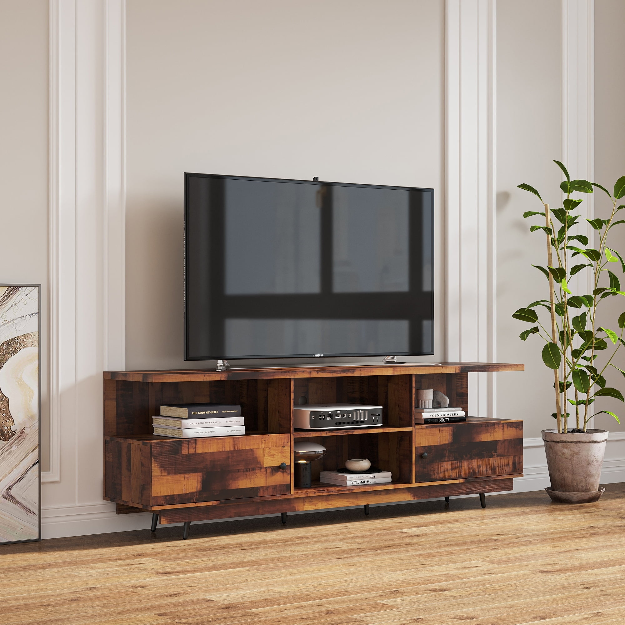 TV Stand Modern Wood Media Entertainment Center Console Table with 2 ...