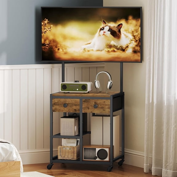 TV Stand with Mount, Corner TV Stand with Wheels for TVs to 50 Inches, Rolling Entertainment Center, Small TV Stands for Living Room Meeting Room Bedroom Rustic Brown