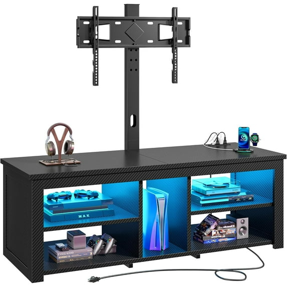 TV Stand with Mount and LED Lights Swivel TV Stand for 70 inch TV Modern Wood Entertainment Center with Power Outlet for Living Room, Gaming Console for Bedroom, Carbon Fiber Black