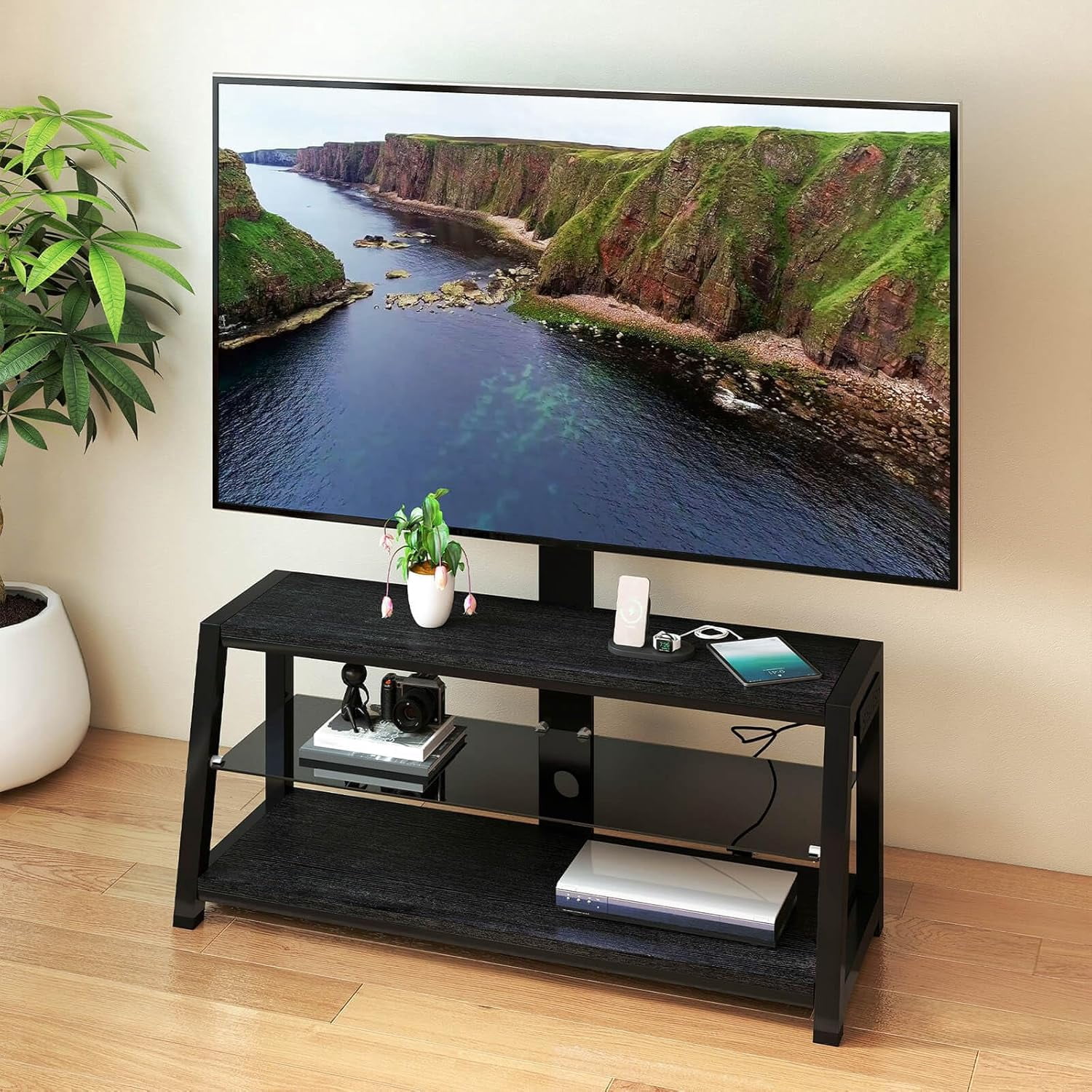 TV Stand with Mount and Power Outlet, 45.7 Inch Universal Swivel TV Stand for 32-65 Inch TVs, Height Adjustable Entertainment Center with 3-Tier Media Storage, Fits VESA up to 600x400 mm (B)