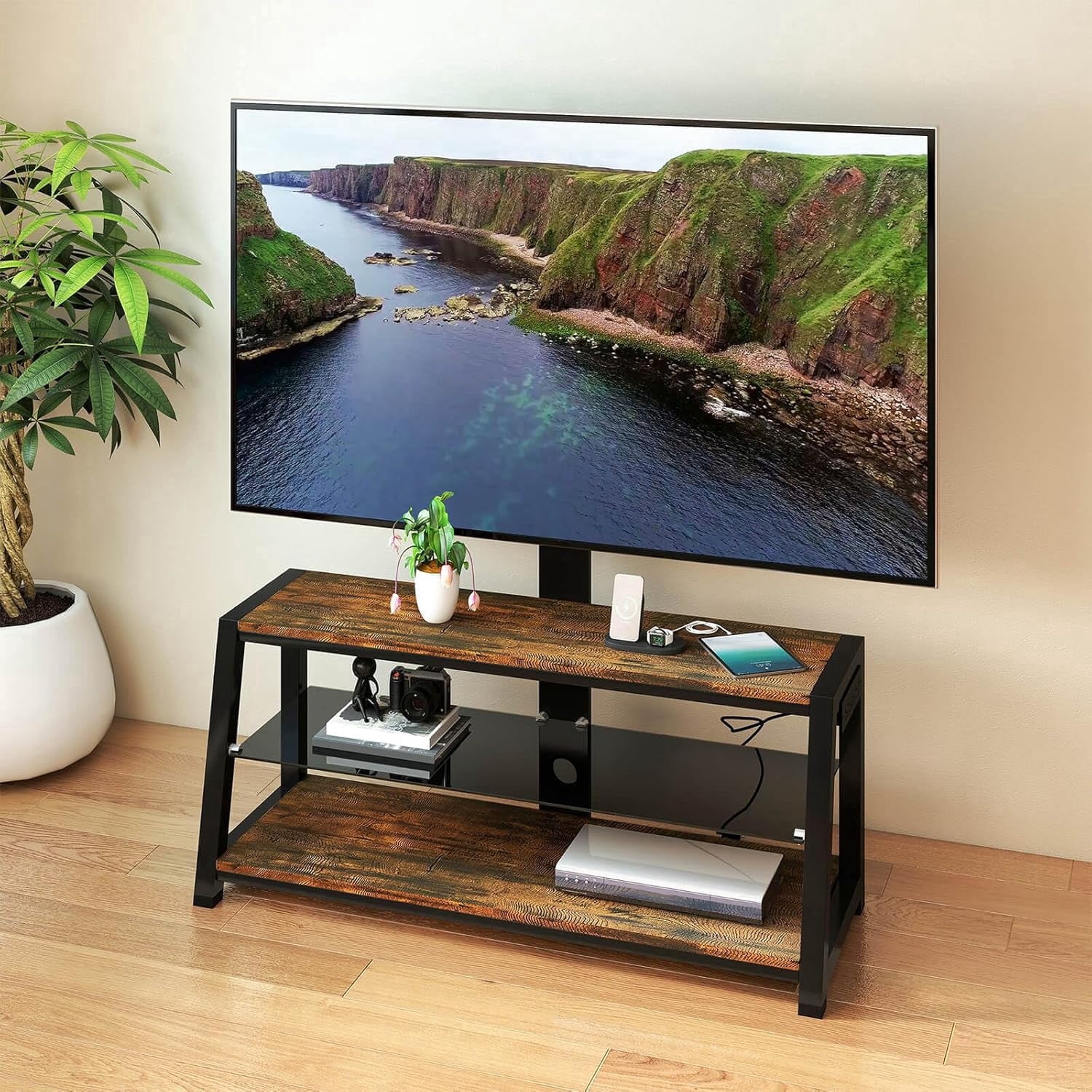 DFQXV TV Stand with Mount and Power Outlet, 45.7 in Universal Swivel Stand for 32-65 in Screens, Adjustable 3-Tier Media Storage (W)