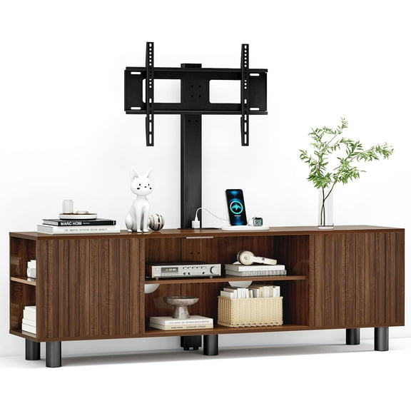 TV-Stand with Mount and Power Outlet, Fluted TV Stand for 65 70 75 Inch TV, Entertainment Center with Storage, Media Console Table for Living Room, Walnut