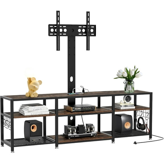 TV Stand with Mount and Power Outlet, Height Adjustable Entertainment Center with Storage Shelves for 32/55/65/70/75 inches Televisions, Console Table for Living Room, Bedroom, Rustic Brown