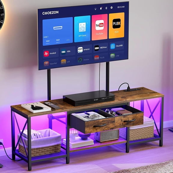 TV Stand with Mount, Power Outlet and LED Light, Entertainment Center, Adjustable TV Stand, for 32-70 inch TVs, 2-Tier Storage, for Living Room, Bedroom, Rustic Brown and Black TDS12UDBF