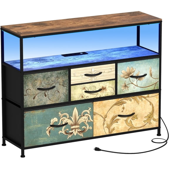 TV Stand with Power Oulet Dresser with Charging Station & LED Light Dresser with 6 Fabric Drawers for Living Room Storage Chest of Drawers Retro Dresser with Open Shelf Wooden Top